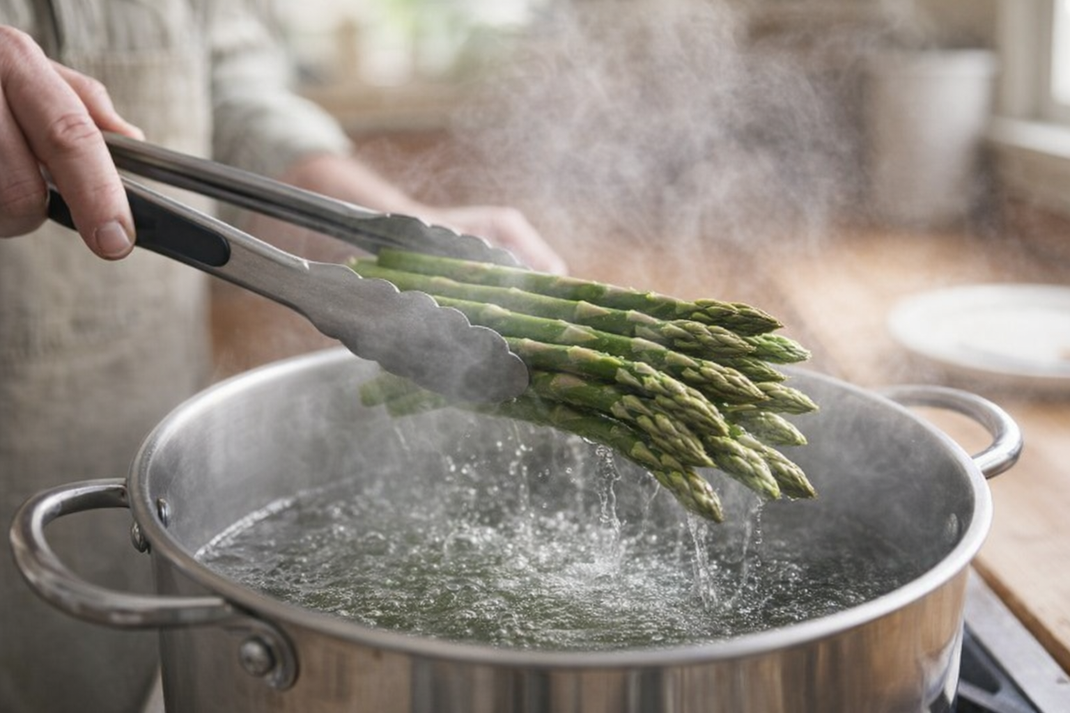 A medium shot of asparagus spears being carefully lowered into a pot of boiling water, steam rising, tongs in hand, bright kitchen lighting